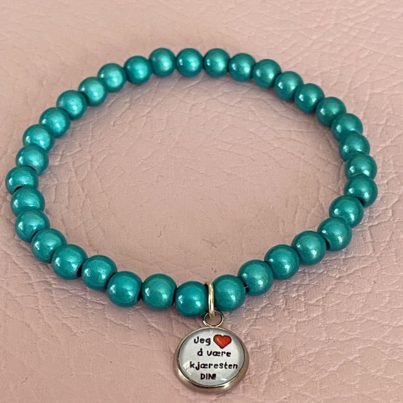 6 mm perler armbånd m/anheng_Turkis